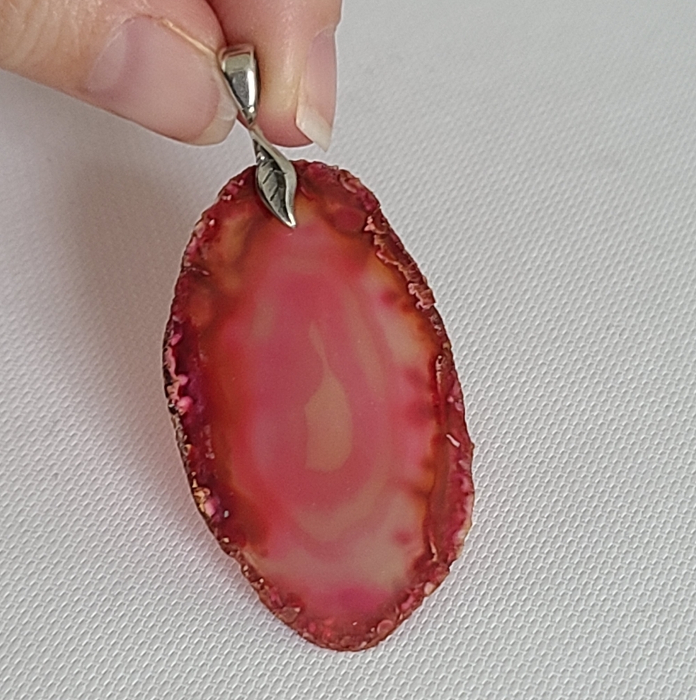 Sterling Silver Boho Chunky Lagenlook Large Red Pink Geode Slice Pendant